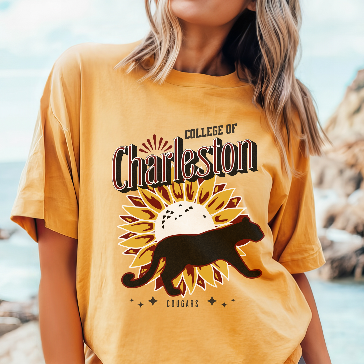College of Charleston "Ray of Sunflowers" Tee | C of C Garment-Dyed T-shirt | The Perfect Gift for your favorite Cougar